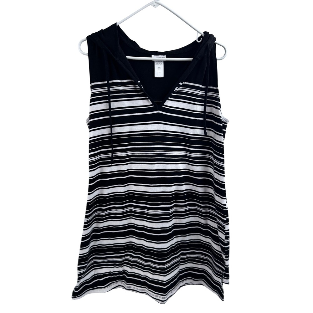 Wearabouts Sleeveless Hoodie L Black White Striped V-Neck Tunic Womens